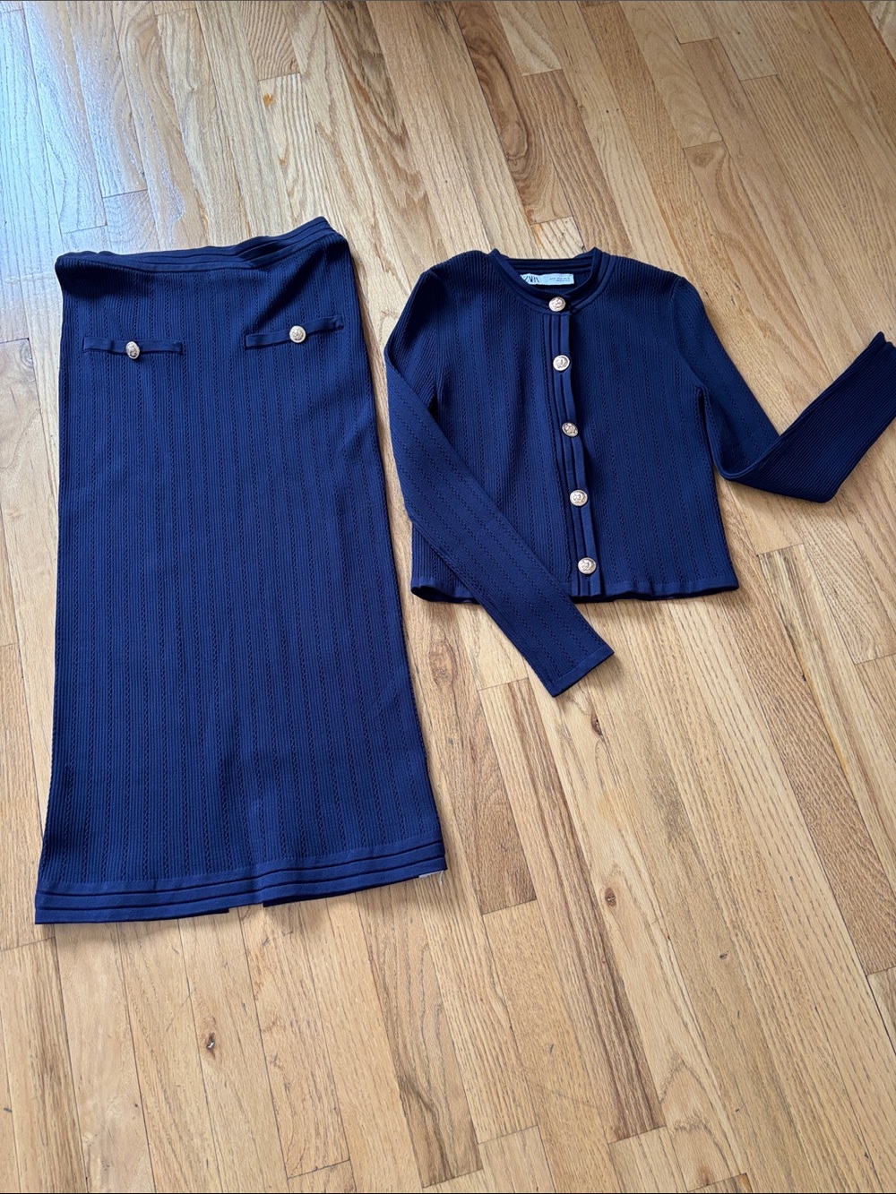 Zara Navy Knit Two-Piece Skirt and Button Cardigan Set